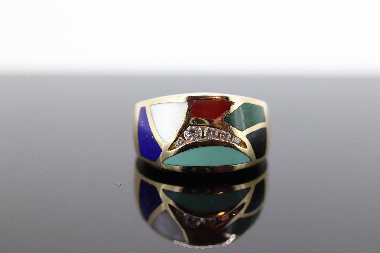 Bagley & Hotchkiss Dome RING 14K Yellow Gold Inlaid Gemstone Ring Mother of Pearl Lapis Turquoise DIAMOND RING st(36-7)
