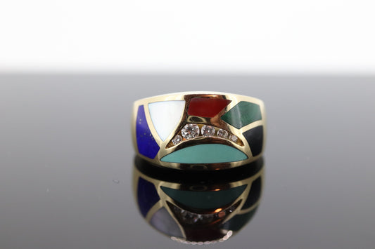 Bagley & Hotchkiss Dome RING 14K Yellow Gold Inlaid Gemstone Ring Mother of Pearl Lapis Turquoise DIAMOND RING  st(36-7)