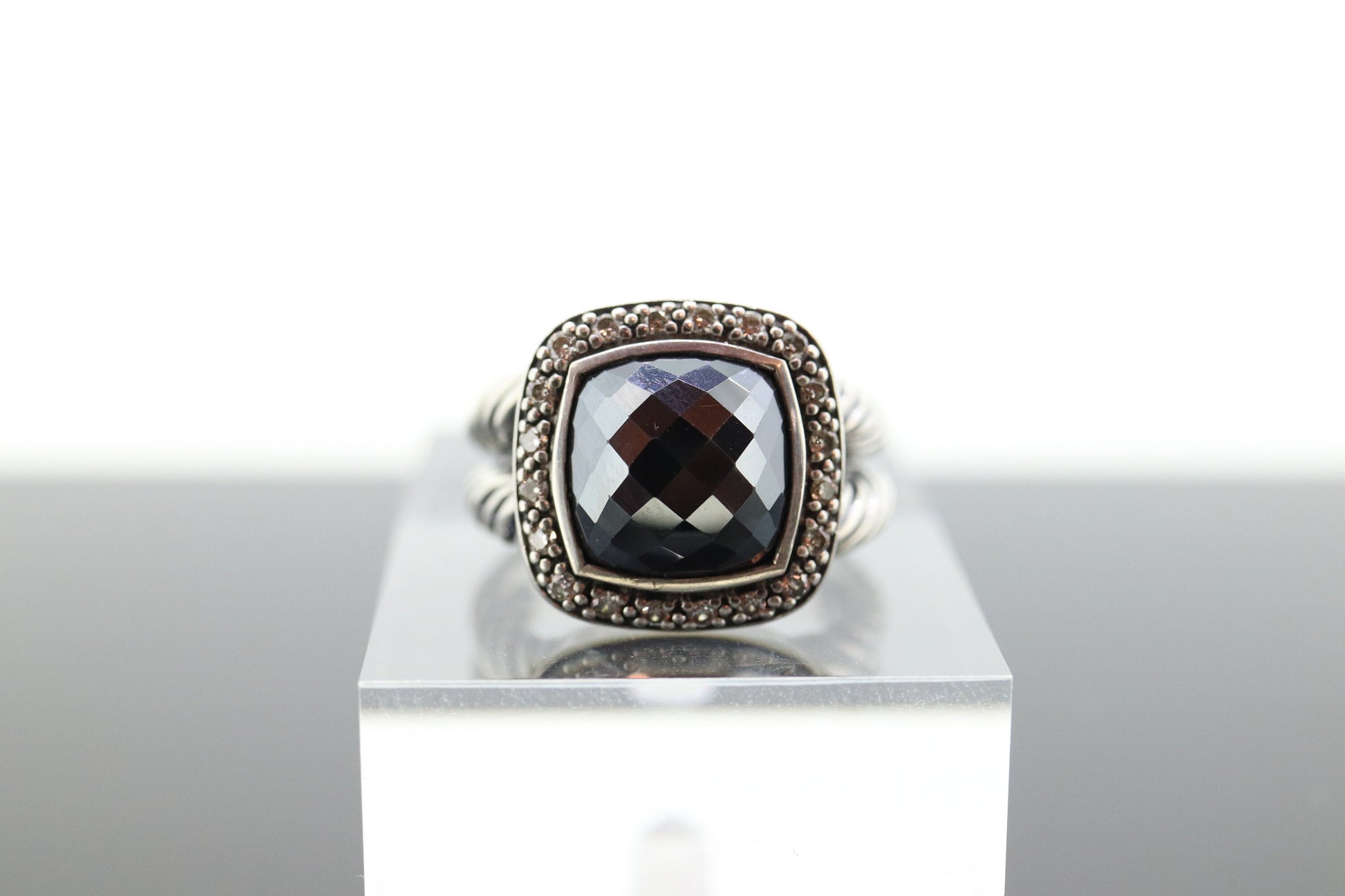 David Yurman ALBION Hematite Diamond ring. Sterling Diamond Halo Hematite Cable ring. st(236)