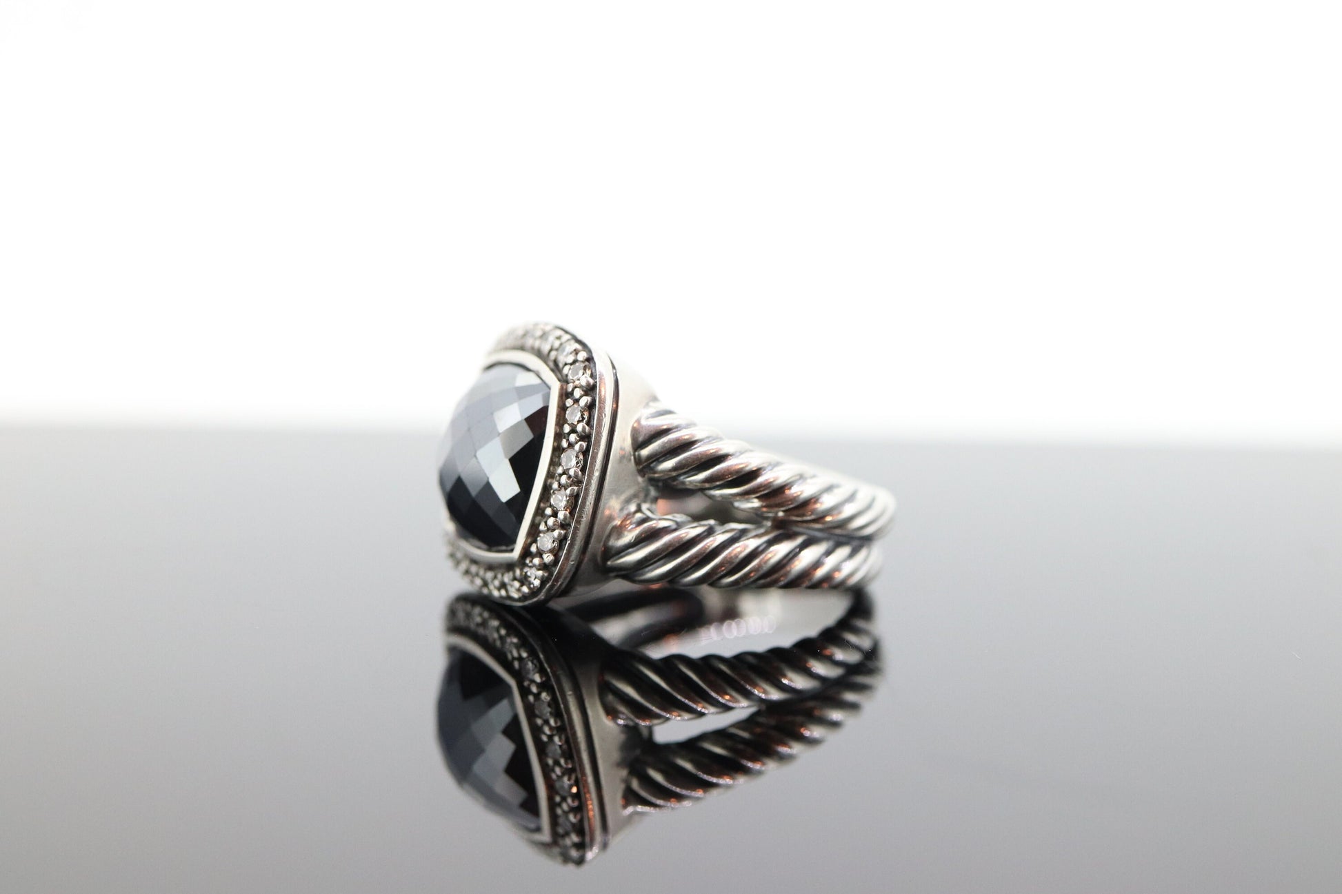 David Yurman ALBION Hematite Diamond ring. Sterling Diamond Halo Hematite Cable ring. st(236)