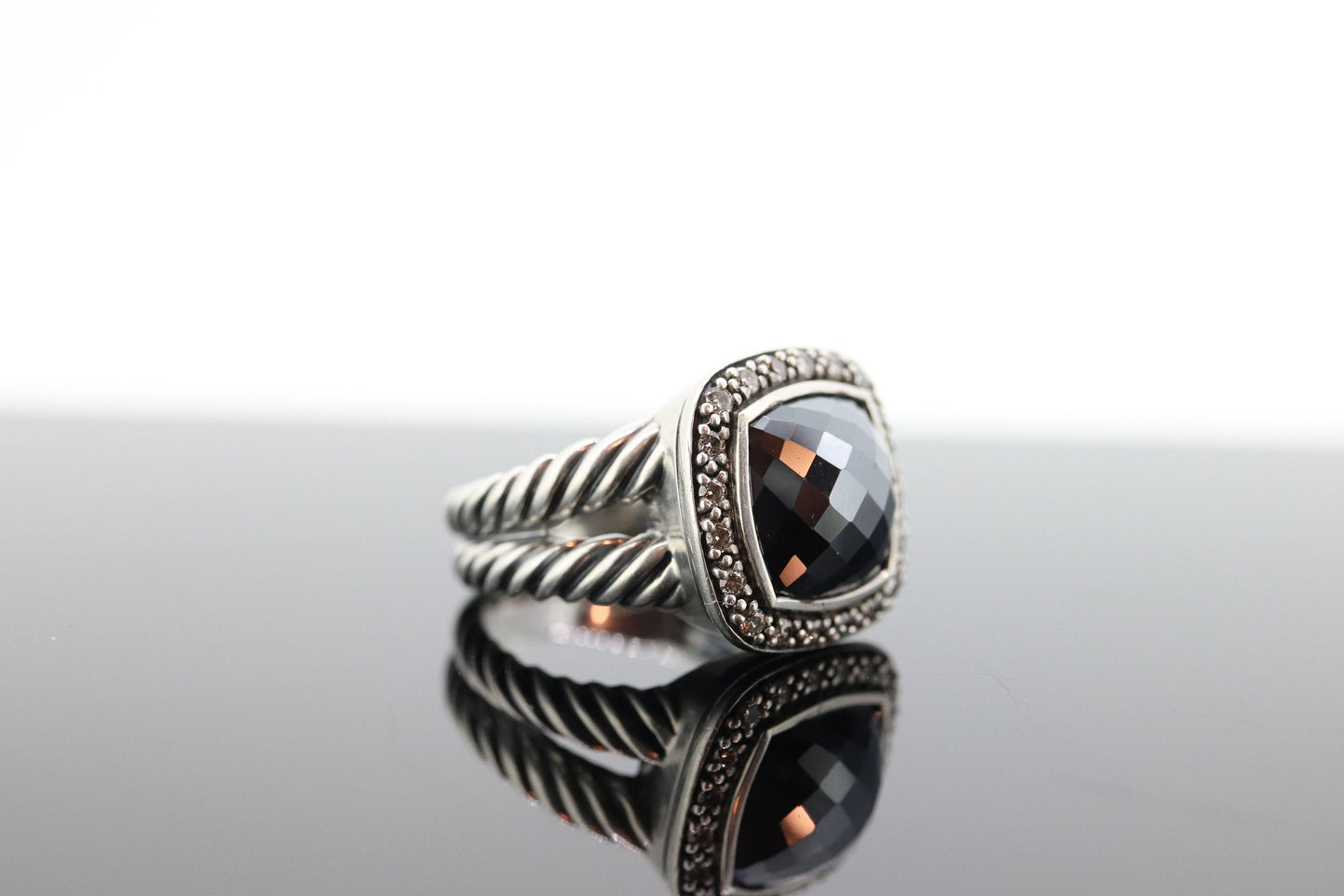 David Yurman ALBION Hematite Diamond ring. Sterling Diamond Halo Hematite Cable ring. st(236)