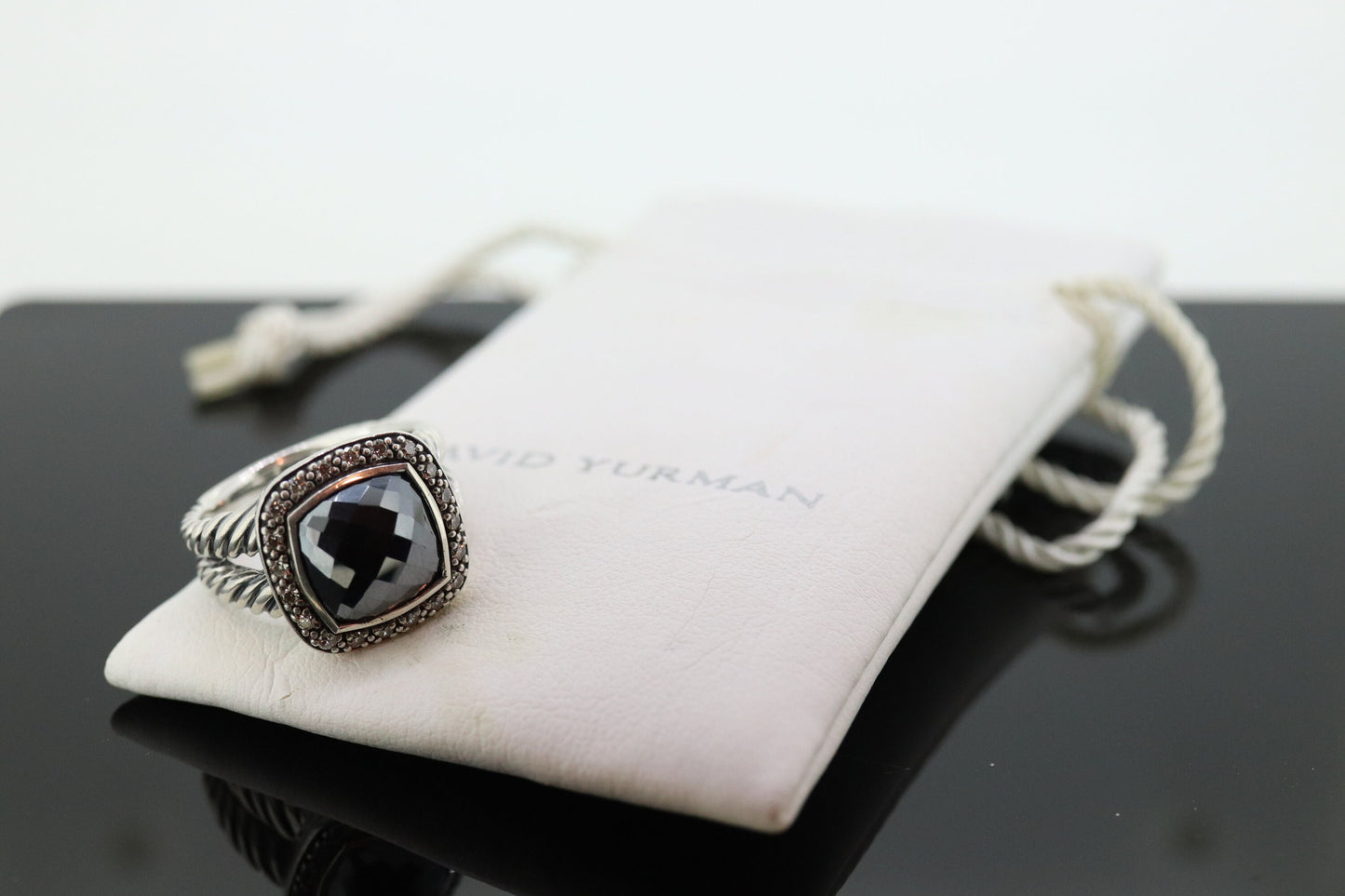 David Yurman ALBION Hematite Diamond ring. Sterling Diamond Halo Hematite Cable ring. st(236)