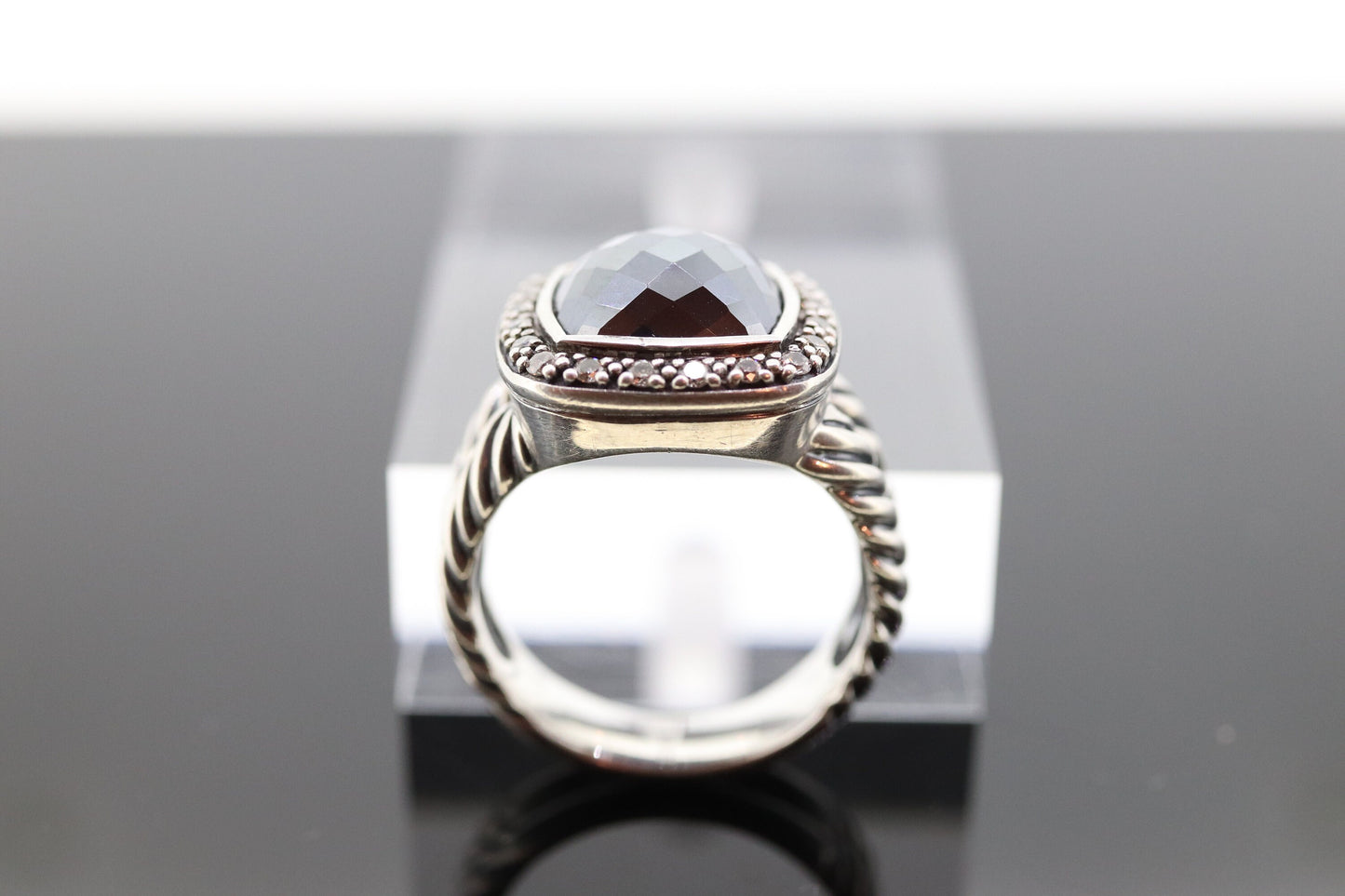 David Yurman ALBION Hematite Diamond ring. Sterling Diamond Halo Hematite Cable ring. st(236)