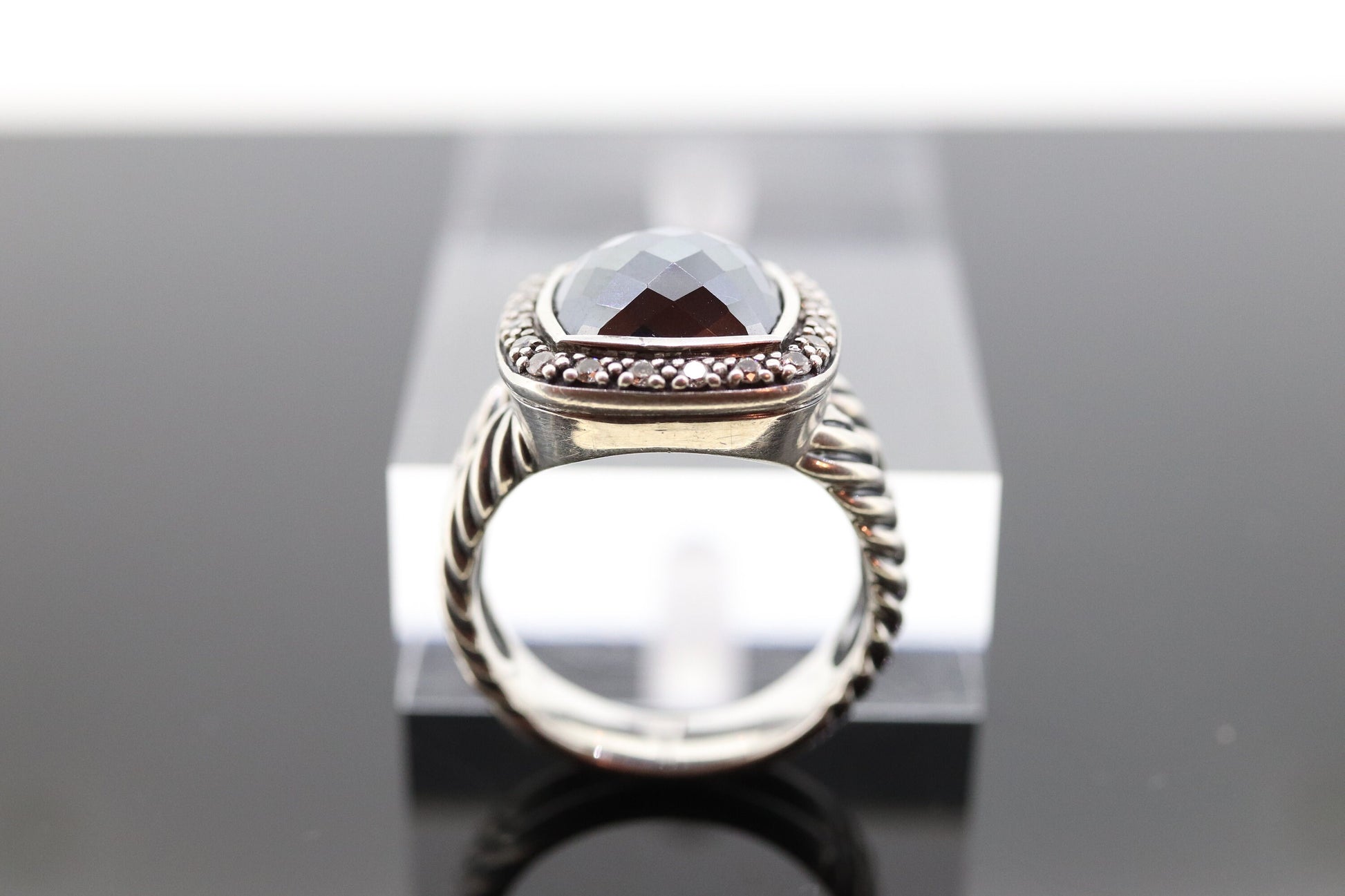 David Yurman ALBION Hematite Diamond ring. Sterling Diamond Halo Hematite Cable ring. st(236)