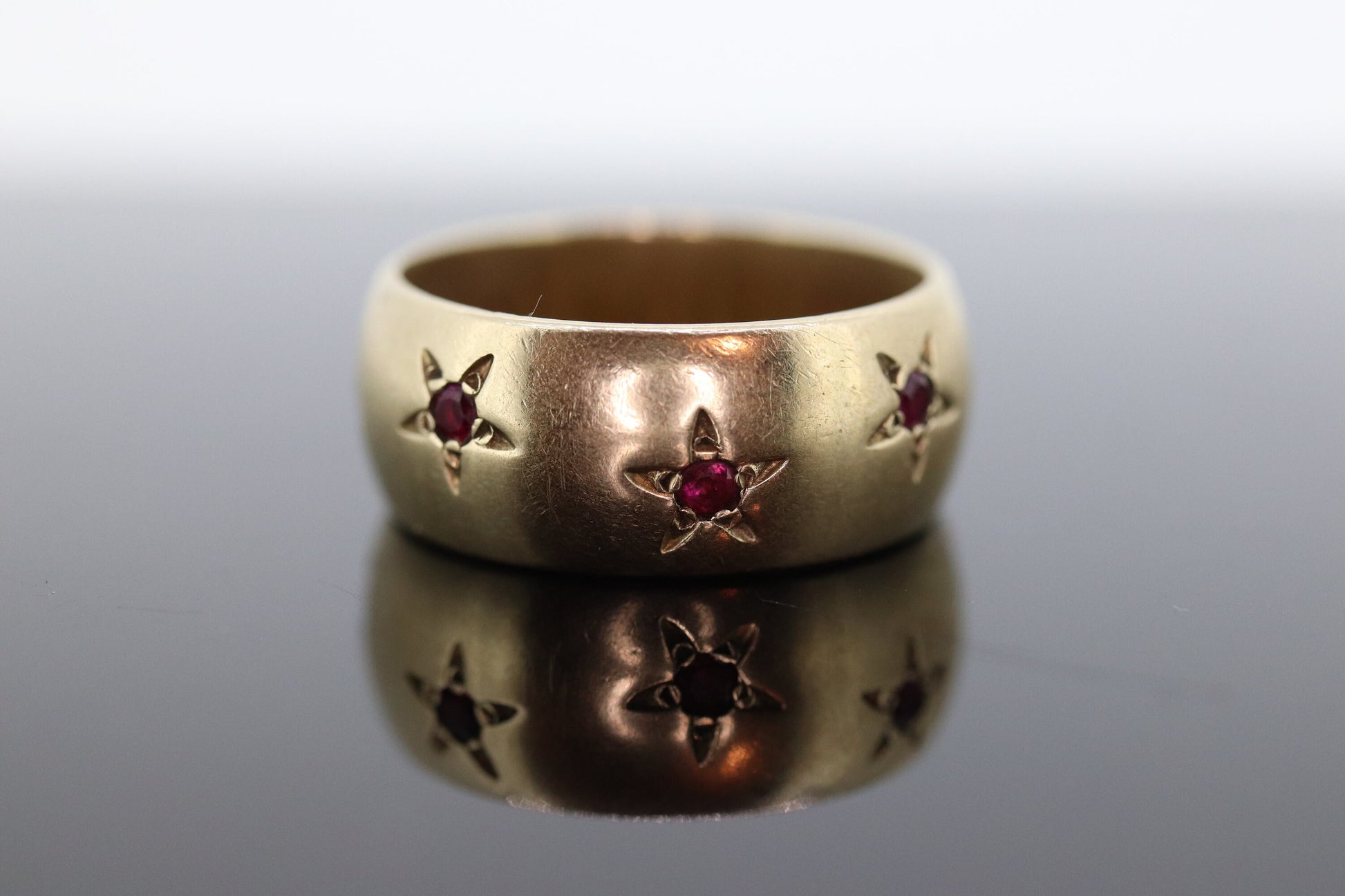 Antique RUBY Star bezel set ring. Ruby Gypsy setting star wide eternity band.  st(483)