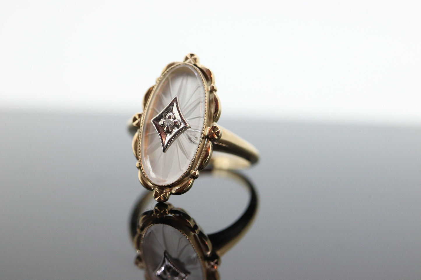 10k Camphor Glass Diamond Oval ring. Art Deco Filigree Frosted Rock Crystal Ring with a diamond. st(230)