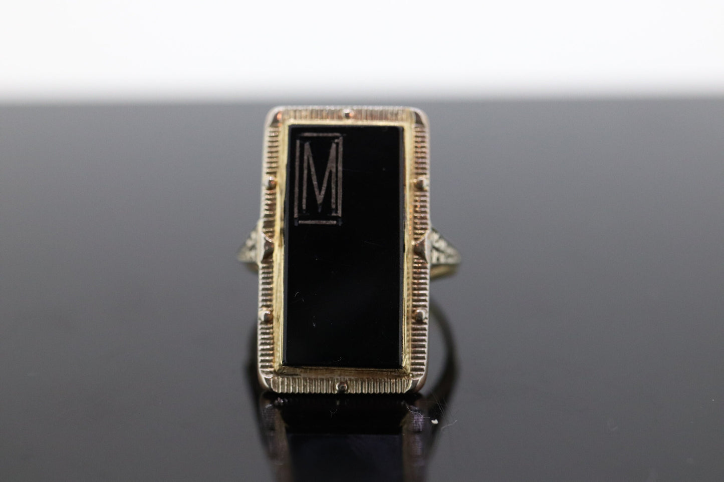 10k ONYX M ring. 10k Letter M  statement ring. Calligraphy M Acid ring. st(150)