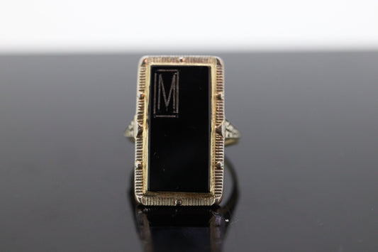 10k ONYX M ring. 10k Letter M  statement ring. Calligraphy M Acid ring. st(150)