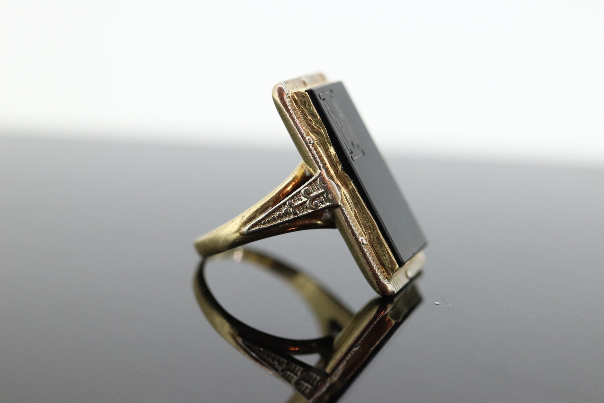 10k ONYX M ring. 10k Letter M  statement ring. Calligraphy M Acid ring. st(150)