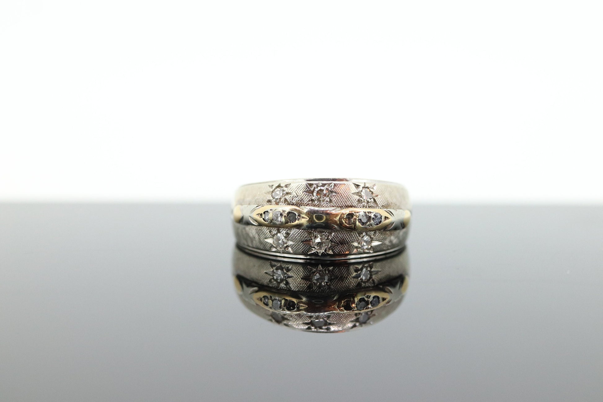 Antique DIAMOND Star bezel set ring. 14k Multi-Color Diamond Gypsy setting star wide eternity band.  st(173)