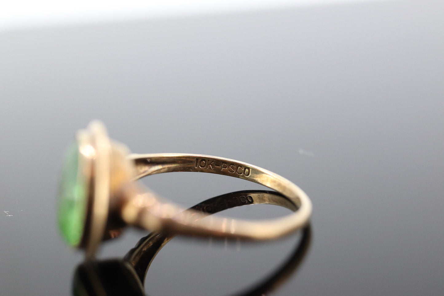 10k Green Gem Bezel Set. PSCO Paste Solitaire ring.