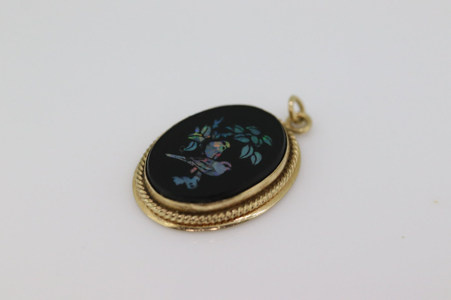 Opal Mosaic Onyx Pendant. 14kGF Vintage Medallion. Birds cluster opal inlay onyx charm. (st22)