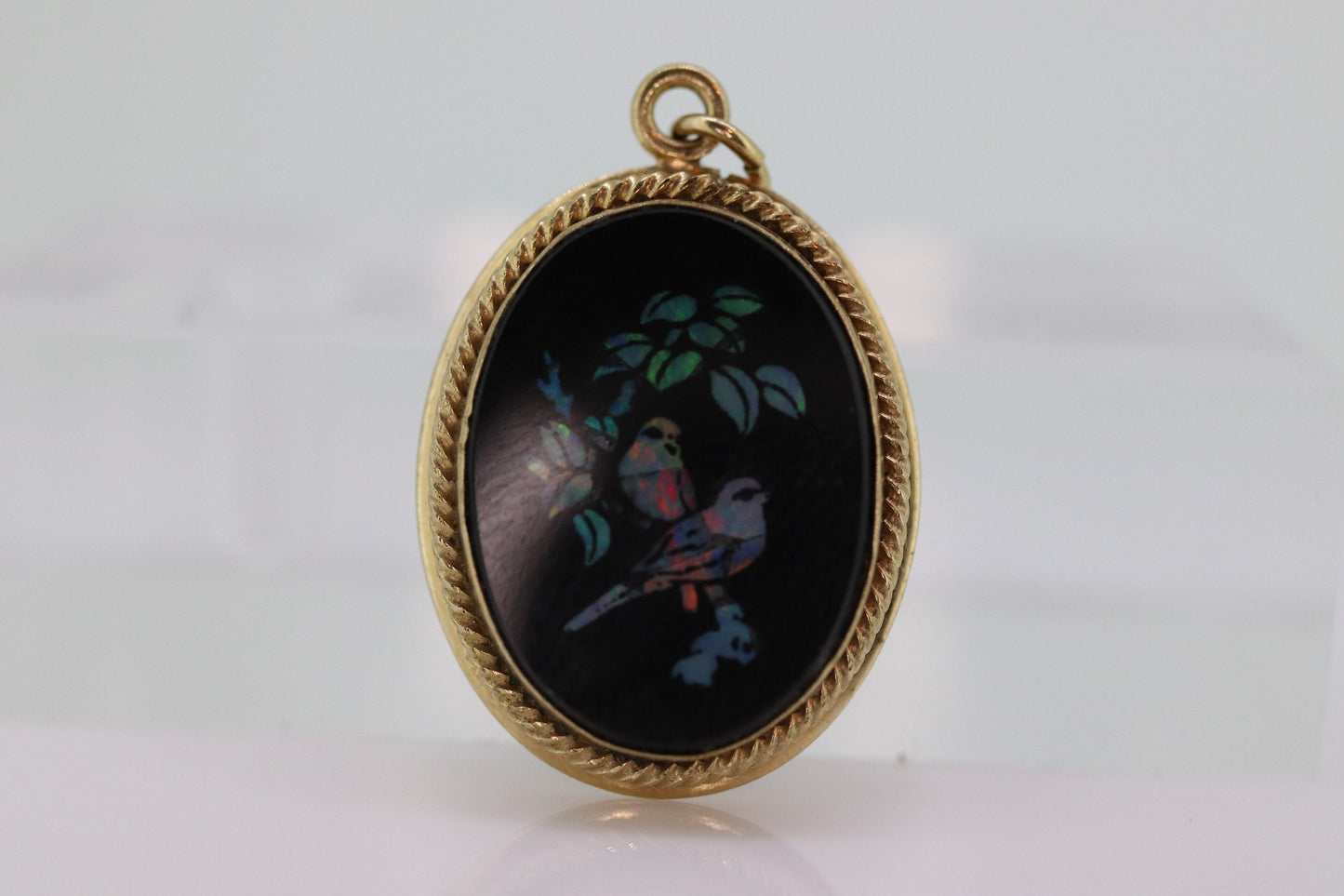 Opal Mosaic Onyx Pendant. 14kGF Vintage Medallion. Birds cluster opal inlay onyx charm. (st22)