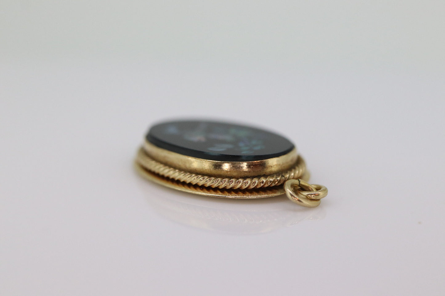 Opal Mosaic Onyx Pendant. 14kGF Vintage Medallion. Birds cluster opal inlay onyx charm. (st22)