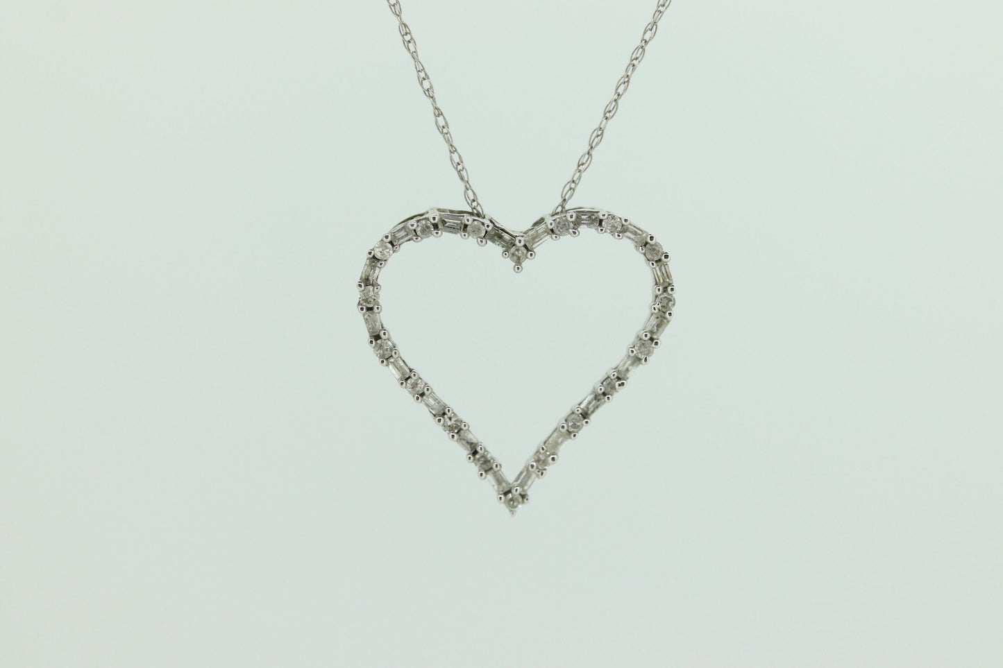 10k Open Heart Diamond Necklace. Open Heart Necklace. Round Baguette Diamond outline. st(68)