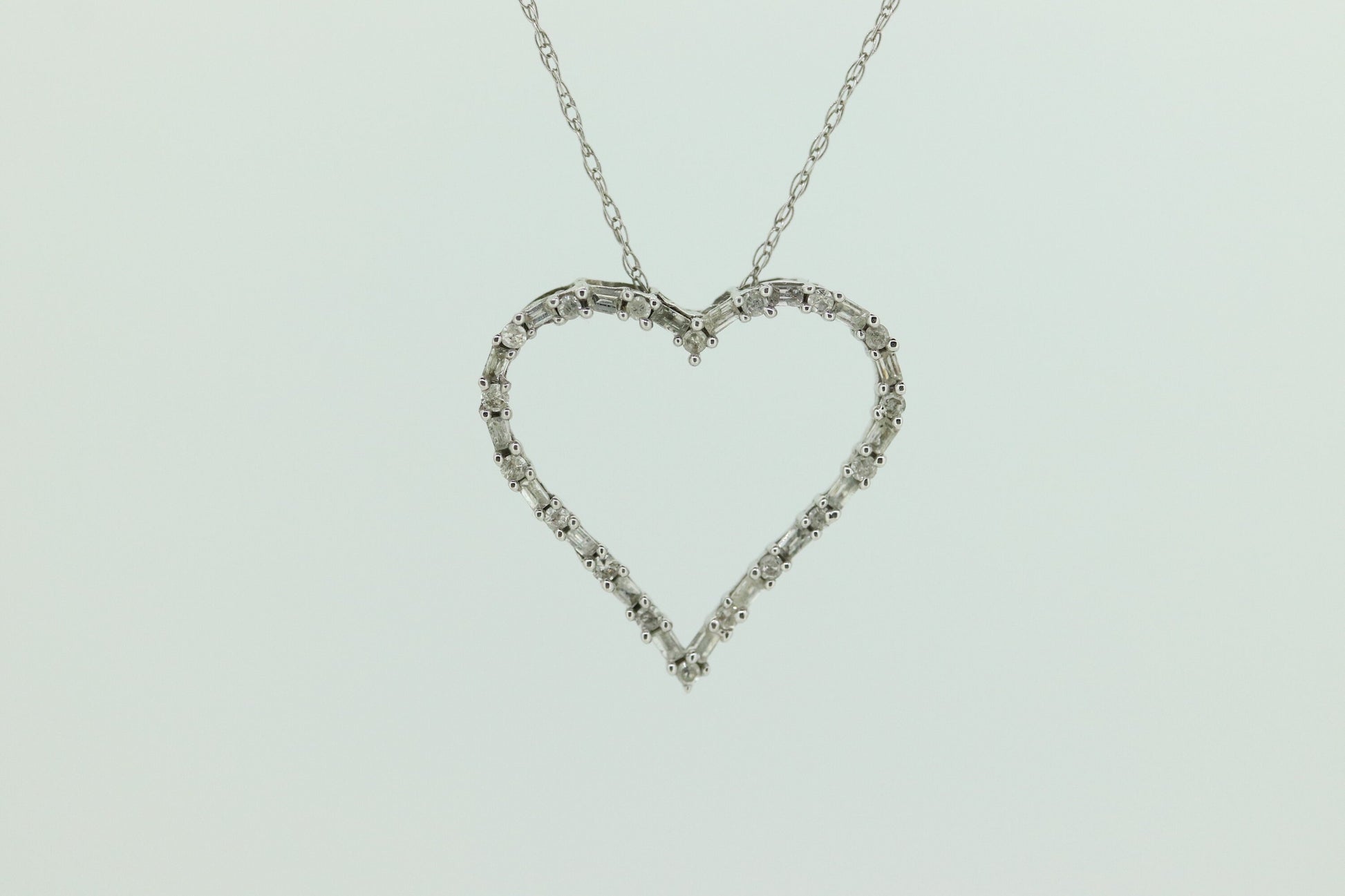 10k Open Heart Diamond Necklace. Open Heart Necklace. Round Baguette Diamond outline. st(68)