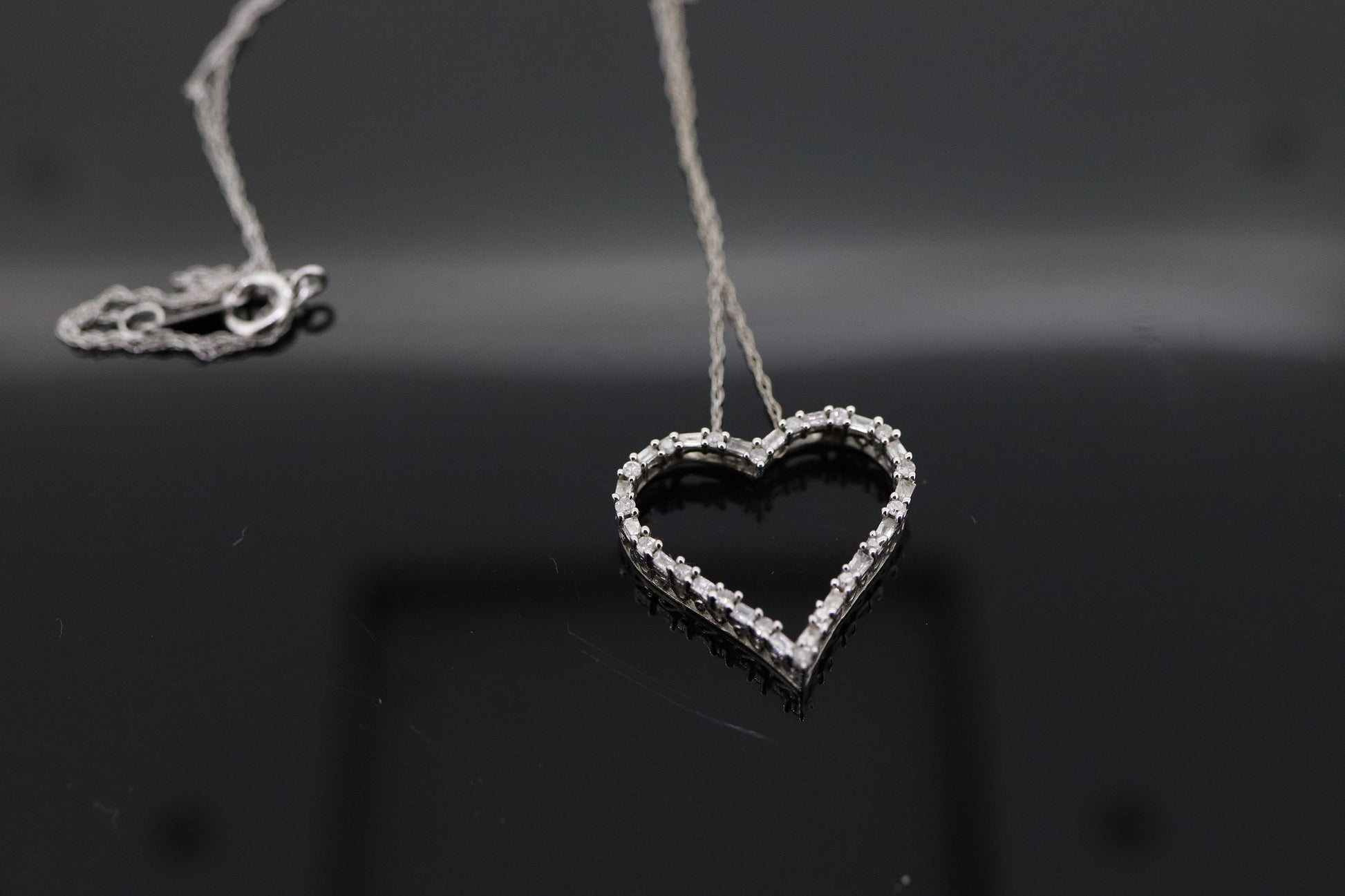 10k Open Heart Diamond Necklace. Open Heart Necklace. Round Baguette Diamond outline. st(68)