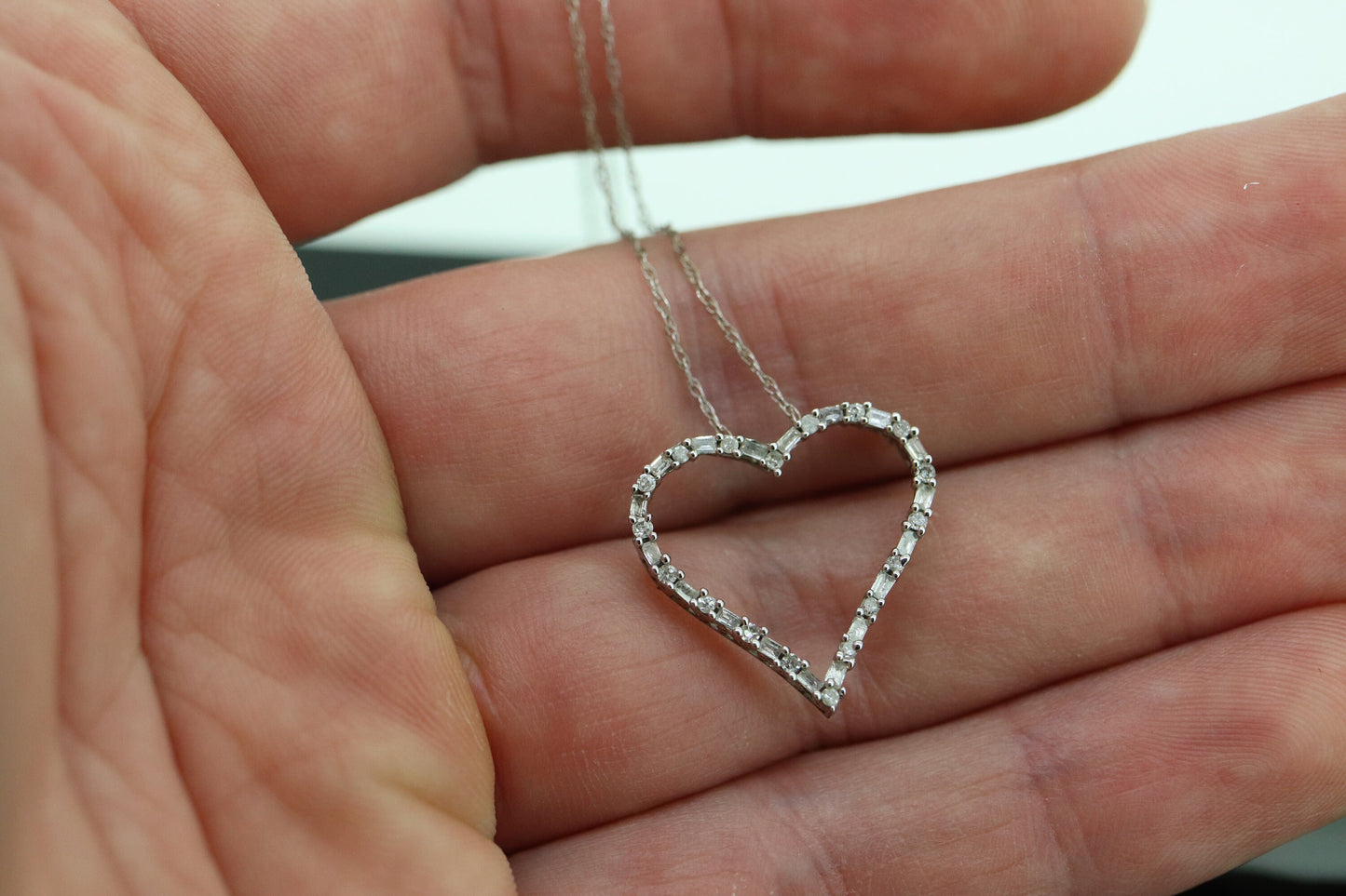 10k Open Heart Diamond Necklace. Open Heart Necklace. Round Baguette Diamond outline. st(68)