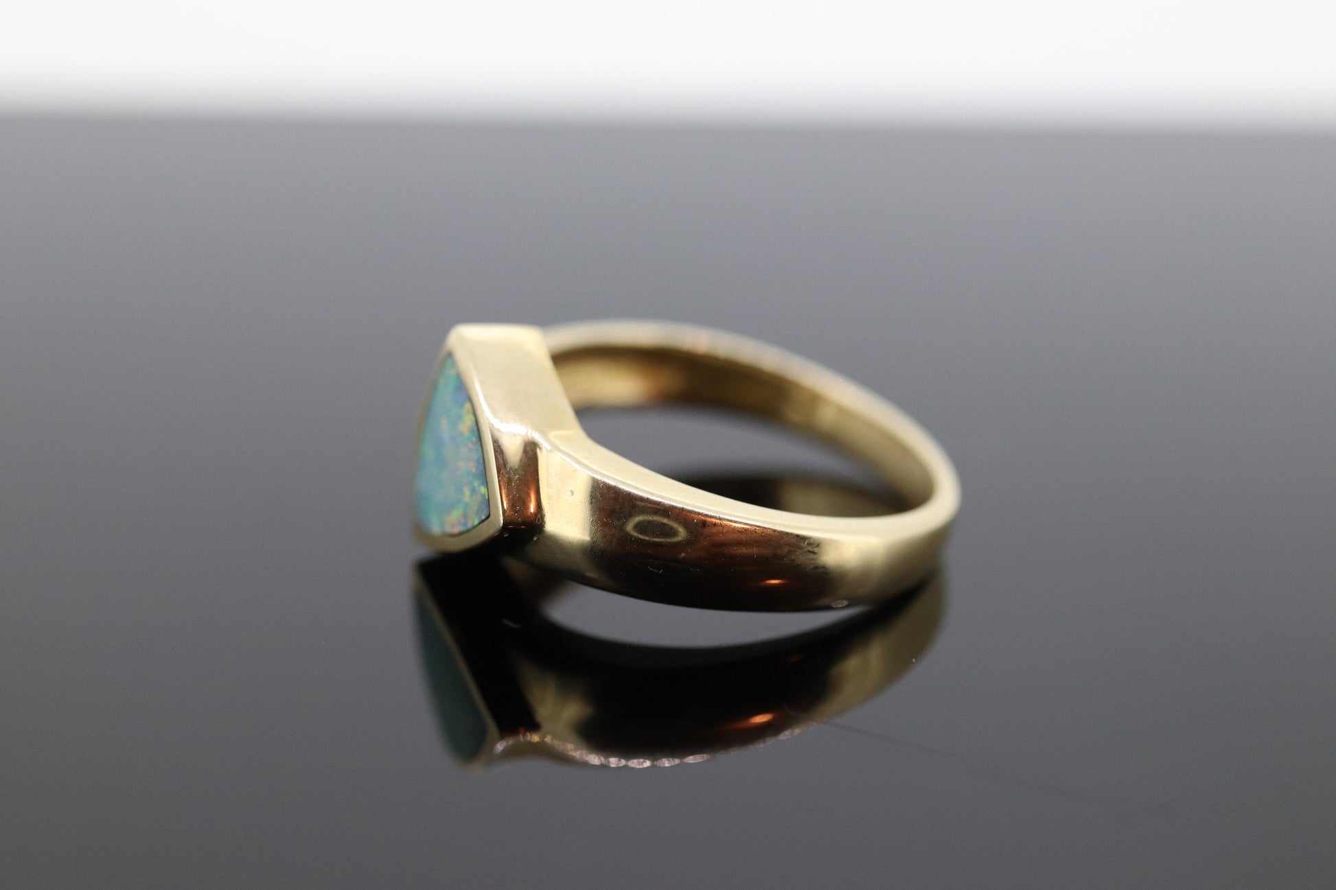 14k Opal inlay ring. Triangle OPAL bezel set ring. Made by BO. st(207)