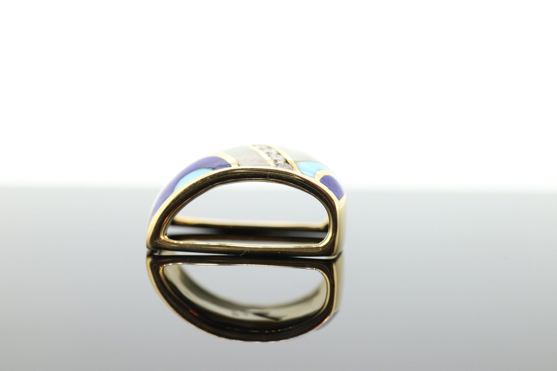 Asch Grossbardt Dome Pendant 14K Yellow Gold Inlaid Gemstone Ring Mother of Pearl Lapis Turquoise DIAMOND Pendant  st(339)