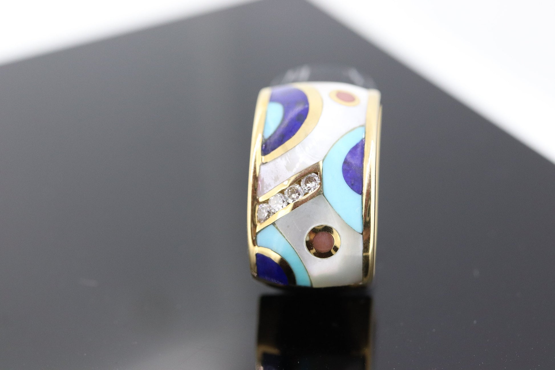 Asch Grossbardt Dome Pendant 14K Yellow Gold Inlaid Gemstone Ring Mother of Pearl Lapis Turquoise DIAMOND Pendant  st(339)