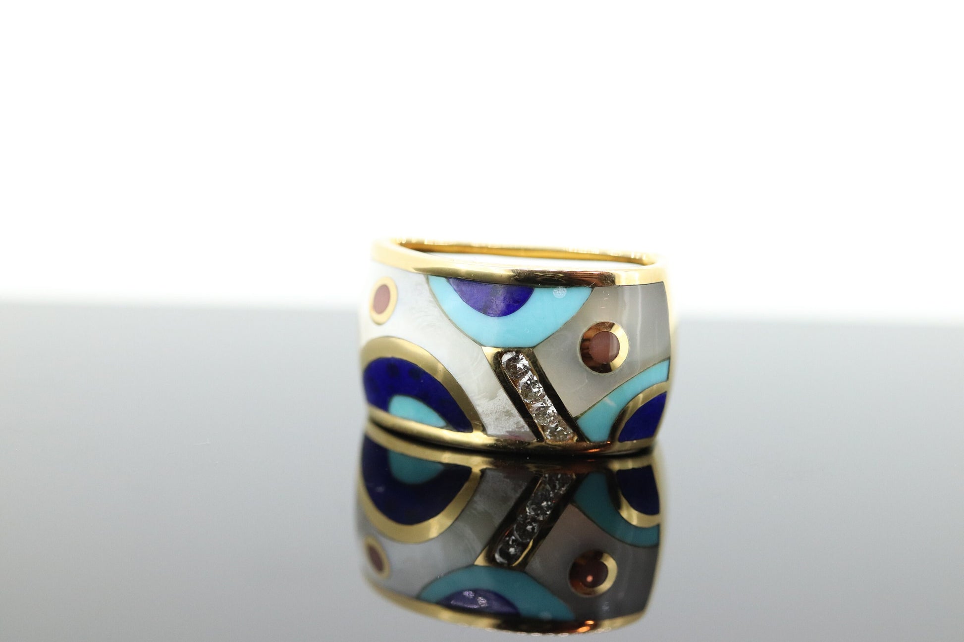 Asch Grossbardt Dome Pendant 14K Yellow Gold Inlaid Gemstone Ring Mother of Pearl Lapis Turquoise DIAMOND Pendant  st(339)