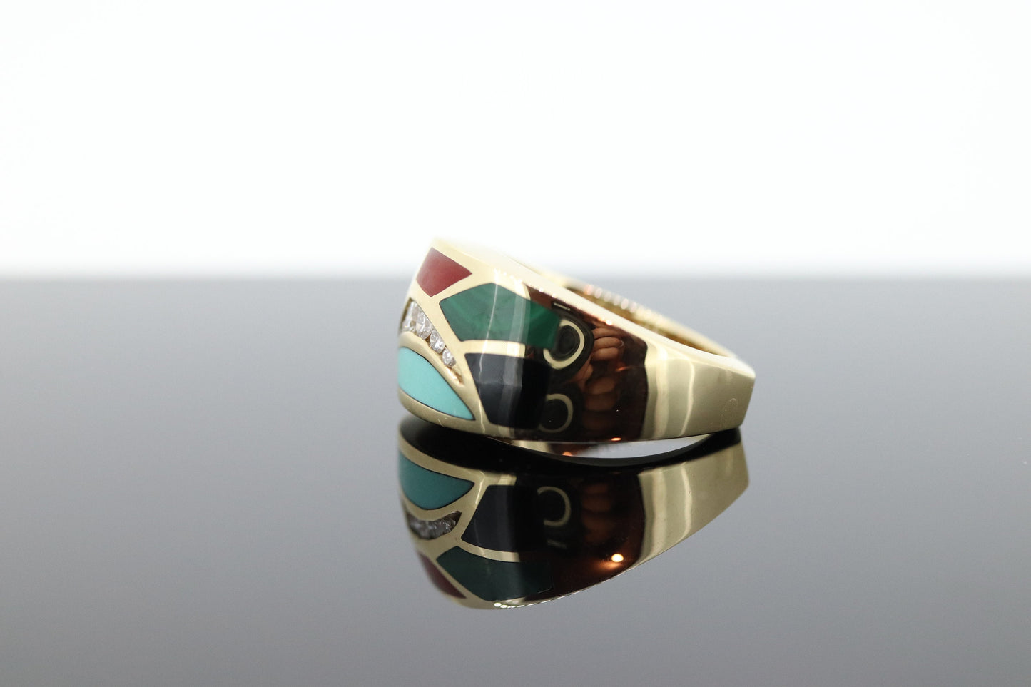 Bagley & Hotchkiss Dome RING 14K Yellow Gold Inlaid Gemstone Ring Mother of Pearl Lapis Turquoise DIAMOND RING st(36-7)