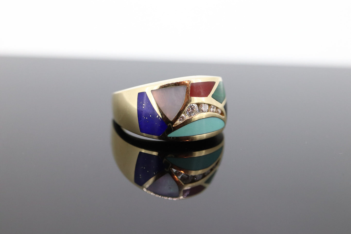 Bagley & Hotchkiss Dome RING 14K Yellow Gold Inlaid Gemstone Ring Mother of Pearl Lapis Turquoise DIAMOND RING st(36-7)