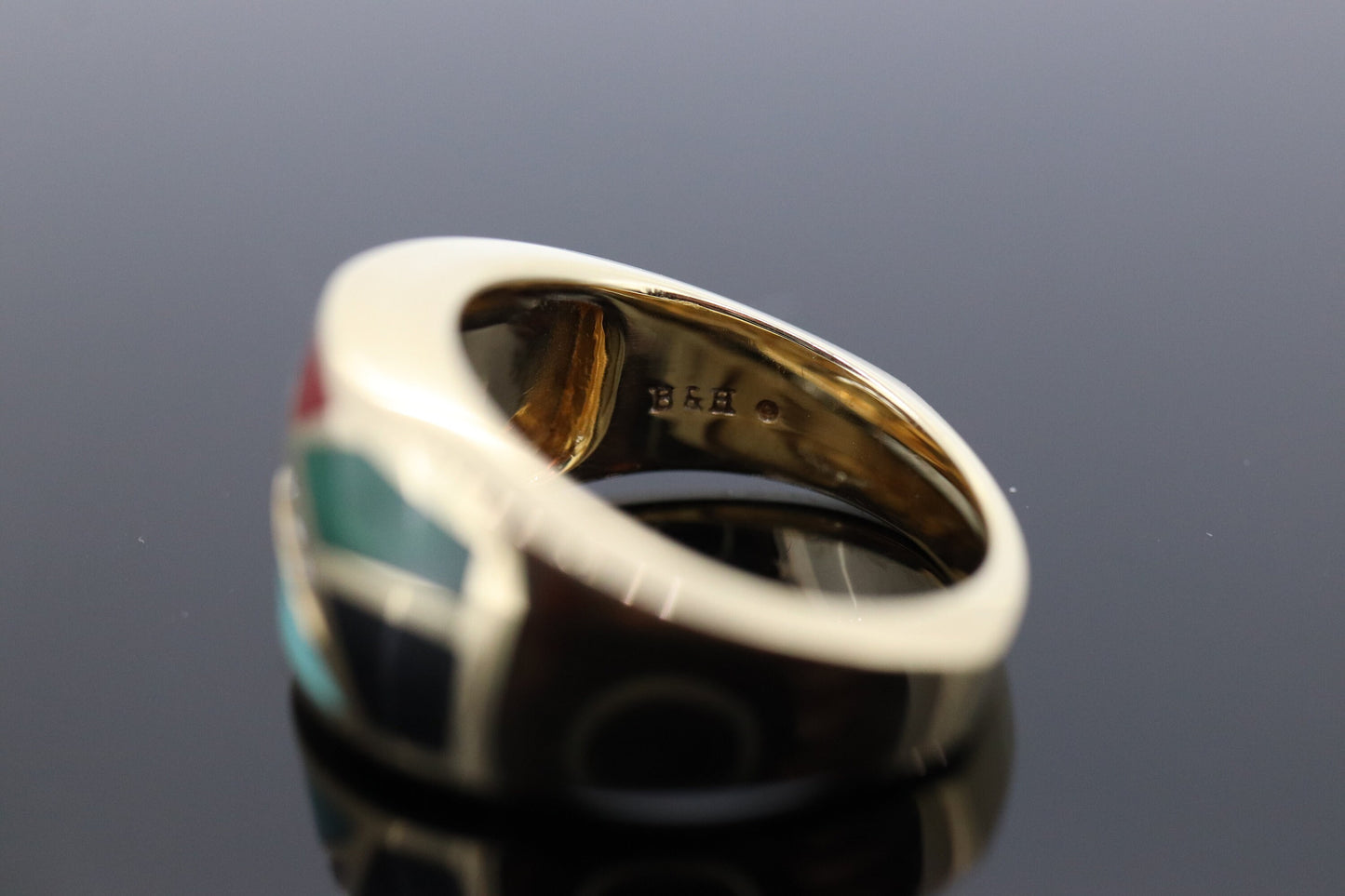 Bagley & Hotchkiss Dome RING 14K Yellow Gold Inlaid Gemstone Ring Mother of Pearl Lapis Turquoise DIAMOND RING st(36-7)