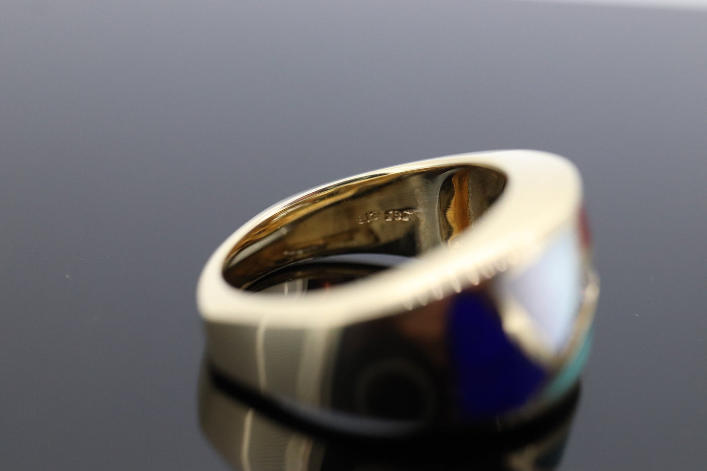 Bagley & Hotchkiss Dome RING 14K Yellow Gold Inlaid Gemstone Ring Mother of Pearl Lapis Turquoise DIAMOND RING st(36-7)