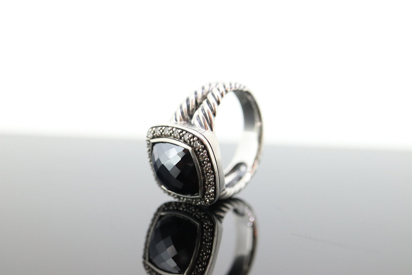 David Yurman ALBION Hematite Diamond ring. Sterling Diamond Halo Hematite Cable ring. st(236)