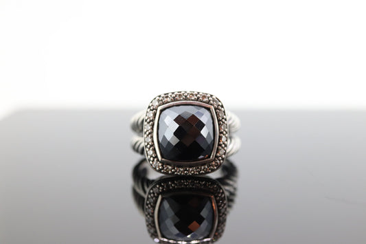 David Yurman ALBION Hematite Diamond ring. Sterling Diamond Halo Hematite Cable ring. st(236)