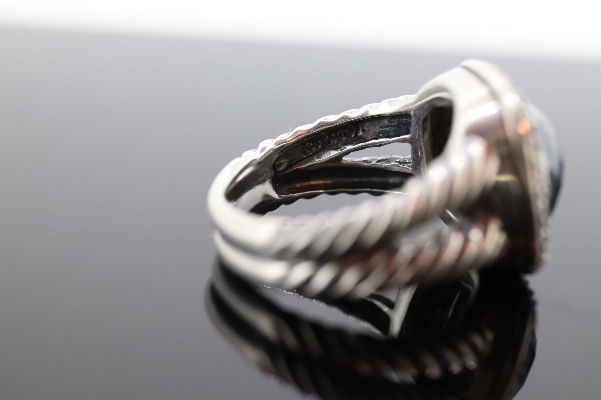 David Yurman ALBION Hematite Diamond ring. Sterling Diamond Halo Hematite Cable ring. st(236)