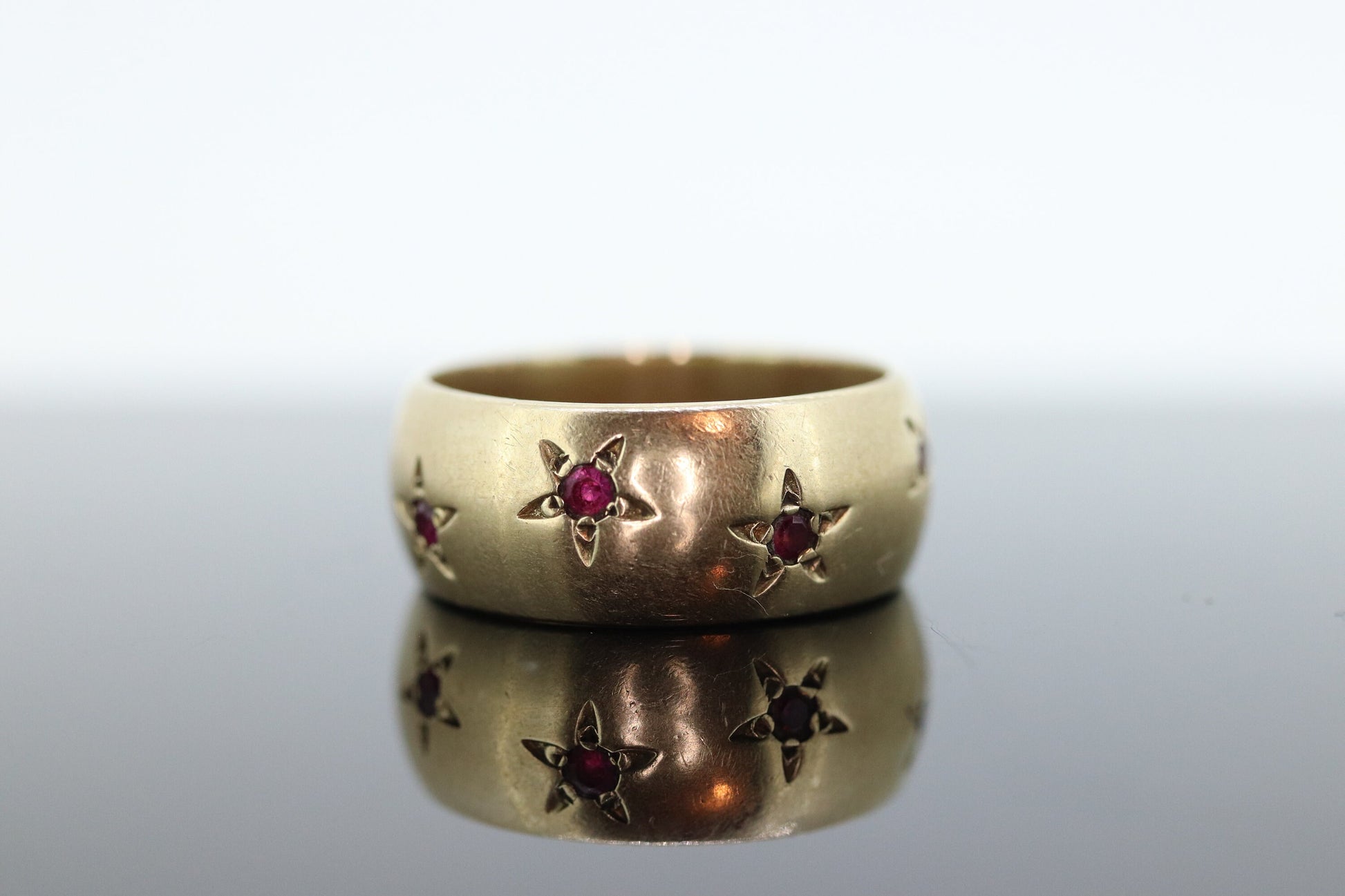 Antique RUBY Star bezel set ring. Ruby Gypsy setting star wide eternity band.  st(483)