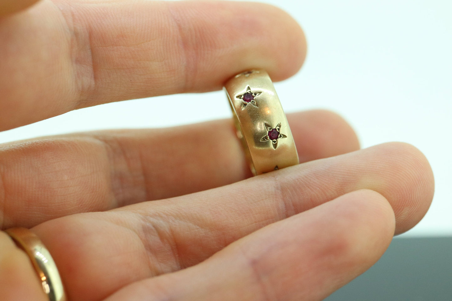 Antique RUBY Star bezel set ring. Ruby Gypsy setting star wide eternity band. st(483)