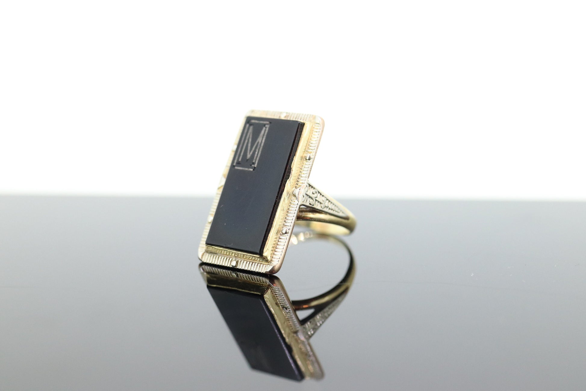 10k ONYX M ring. 10k Letter M  statement ring. Calligraphy M Acid ring. st(150)