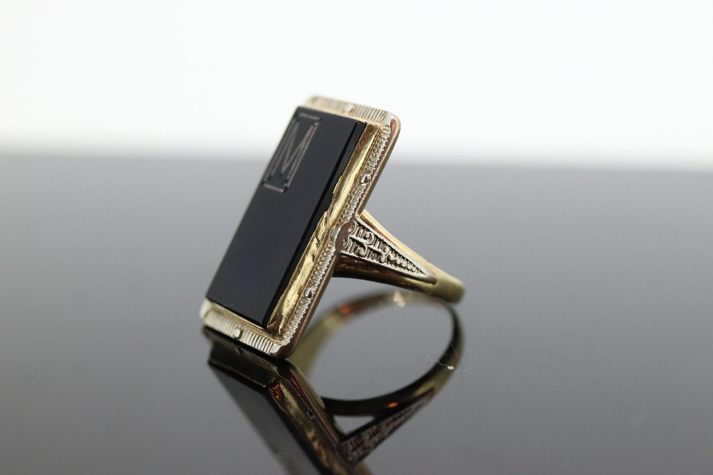 10k ONYX M ring. 10k Letter M  statement ring. Calligraphy M Acid ring. st(150)
