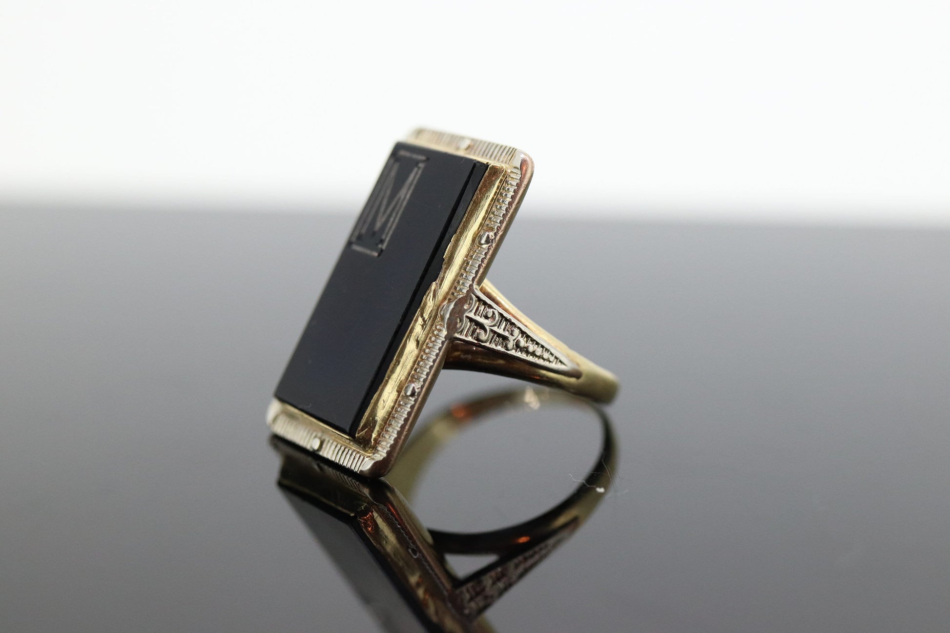 10k ONYX M ring. 10k Letter M  statement ring. Calligraphy M Acid ring. st(150)
