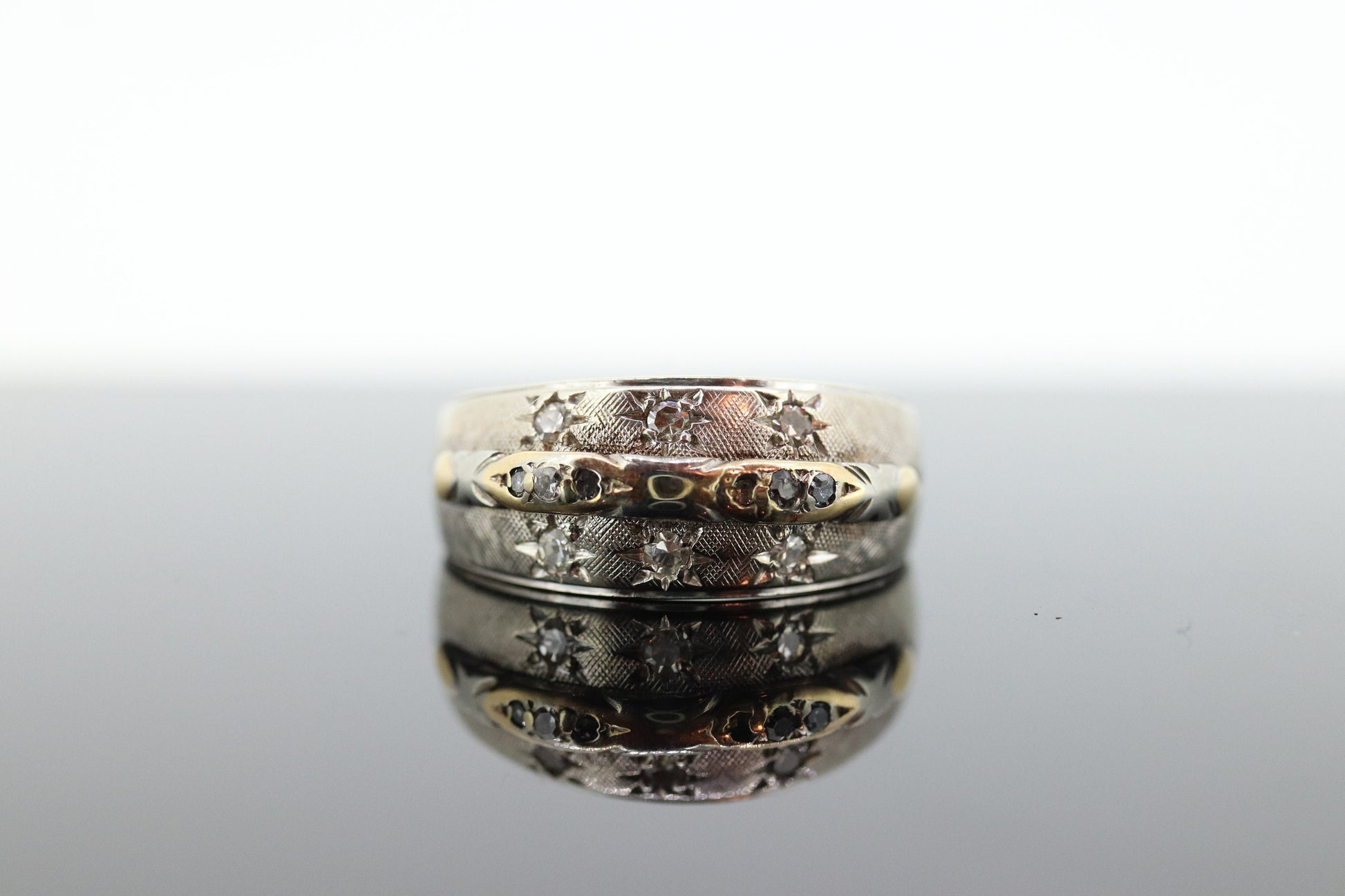 Antique DIAMOND Star bezel set ring. 14k Multi-Color Diamond Gypsy setting star wide eternity band.  st(173)