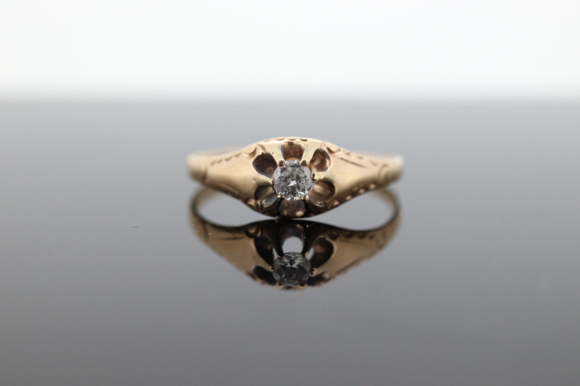 Antique Belcher Set Diamond 14k Filigree ring. 1/6ct Victorian Prong Diamond Ring Engraved Buttercup diamond st(161)