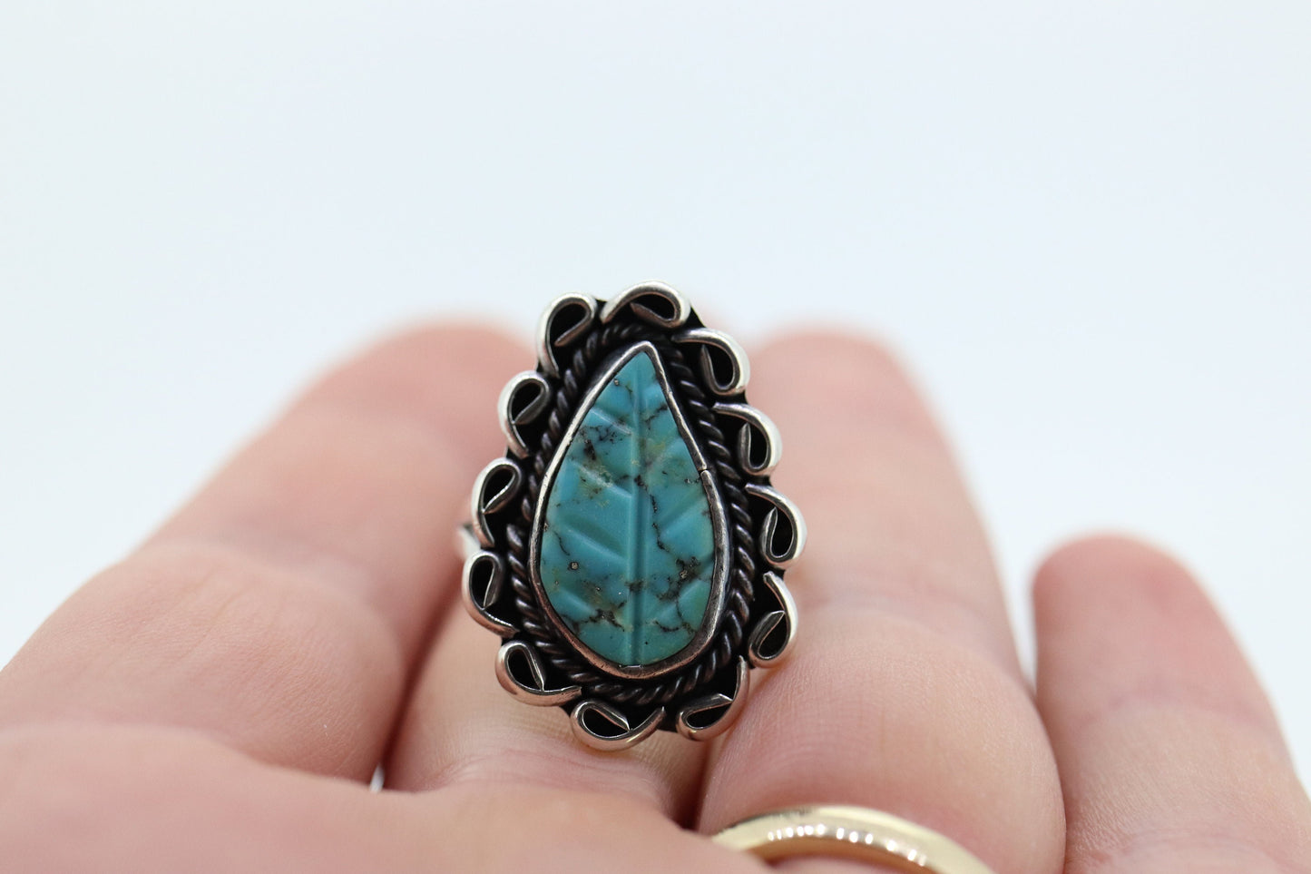 Zuni Navajo Large Sterling Silver Signet ring. LEAF Turquoise Bezel set Ring.  St(20)