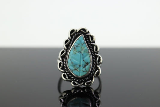Zuni Navajo Large Sterling Silver Signet ring. LEAF Turquoise Bezel set Ring.  St(20)