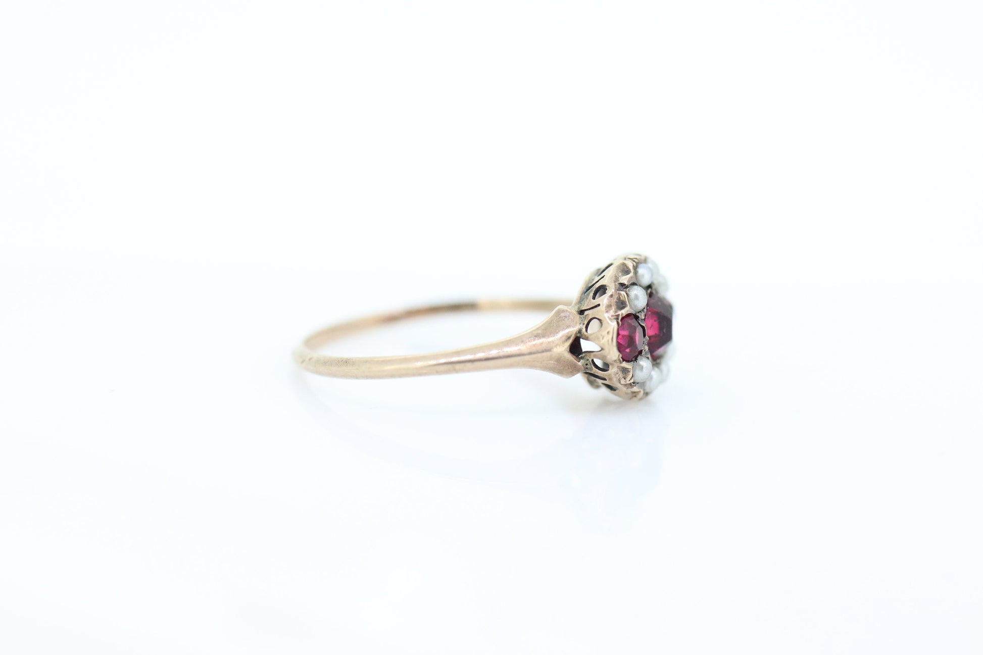 Victorian Garnet and Pearl Seed ring. 10k Rose Gold. 10k Victorian canister cluster ring. st(161)