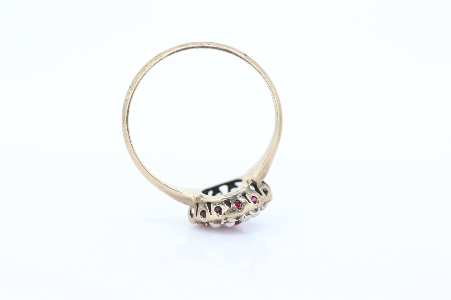 Victorian Garnet and Pearl Seed ring. 10k Rose Gold. 10k Victorian canister cluster ring. st(161)