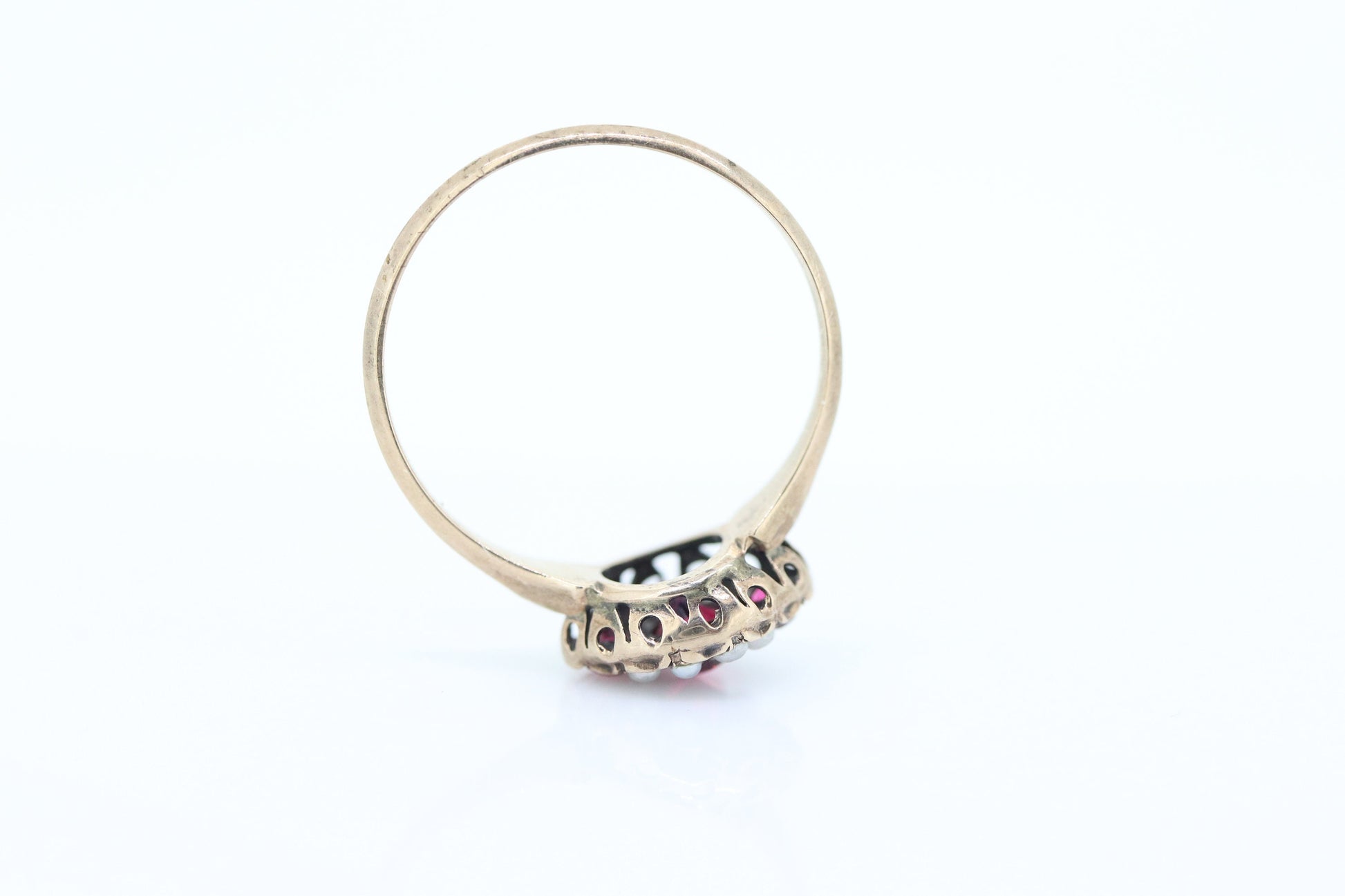 Victorian Garnet and Pearl Seed ring. 10k Rose Gold. 10k Victorian canister cluster ring. st(161)