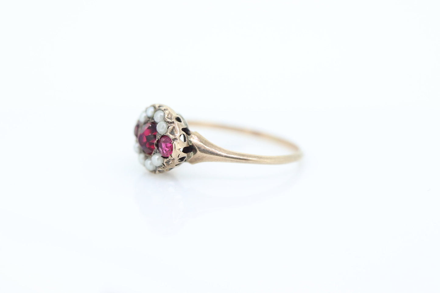 Victorian Garnet and Pearl Seed ring. 10k Rose Gold. 10k Victorian canister cluster ring. st(161)