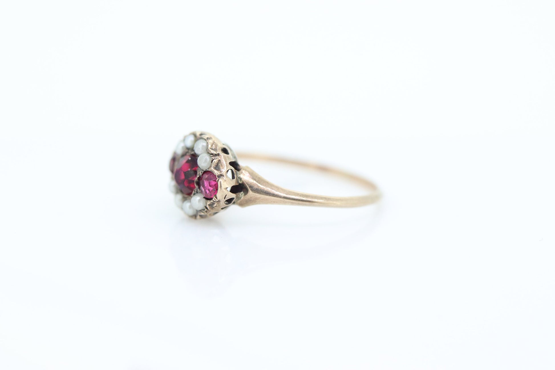 Victorian Garnet and Pearl Seed ring. 10k Rose Gold. 10k Victorian canister cluster ring. st(161)