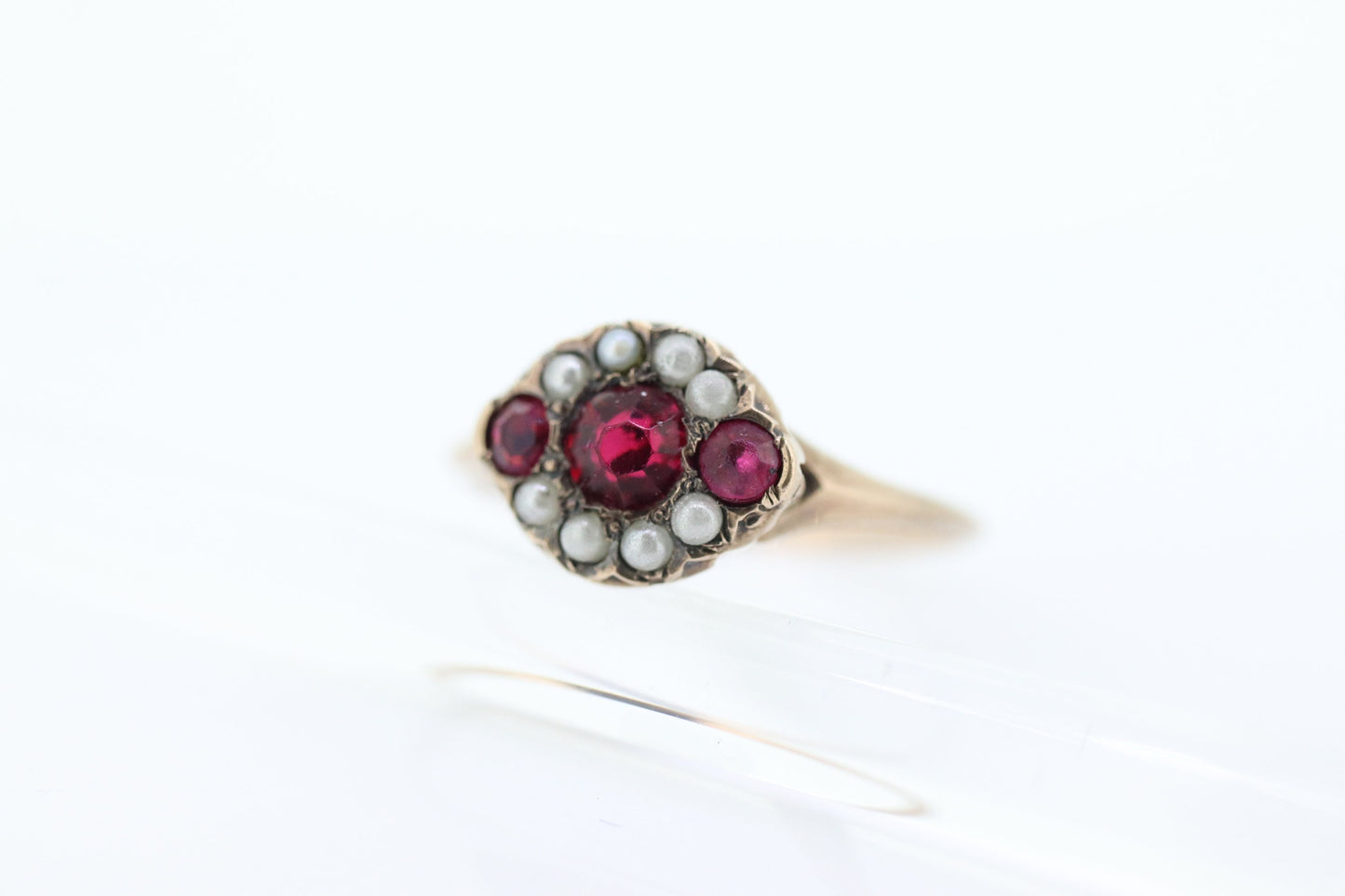 Victorian Garnet and Pearl Seed ring. 10k Rose Gold. 10k Victorian canister cluster ring. st(161)