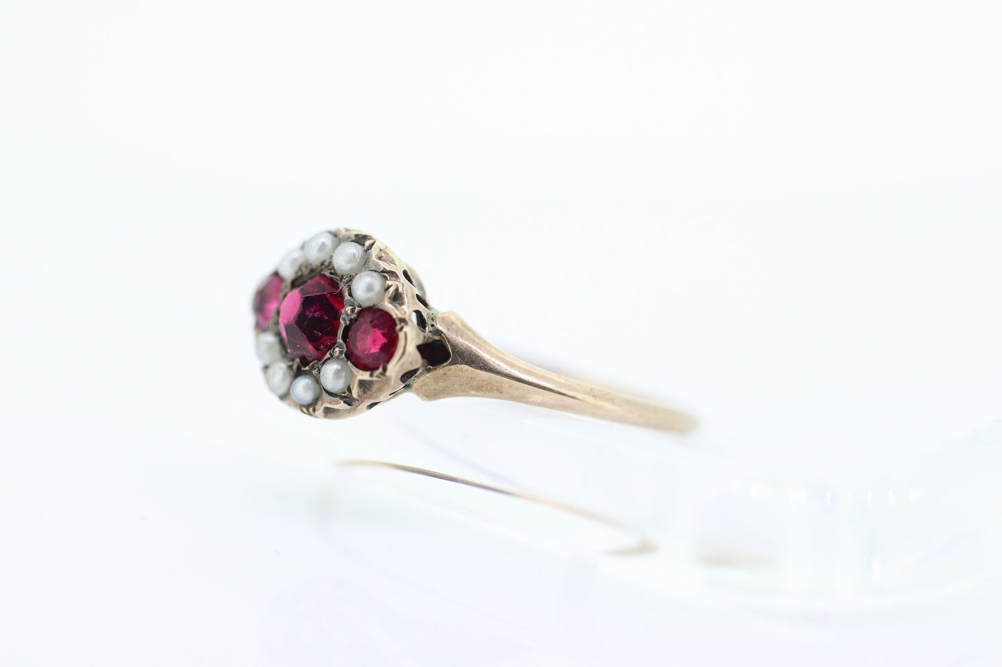 Victorian Garnet and Pearl Seed ring. 10k Rose Gold. 10k Victorian canister cluster ring. st(161)