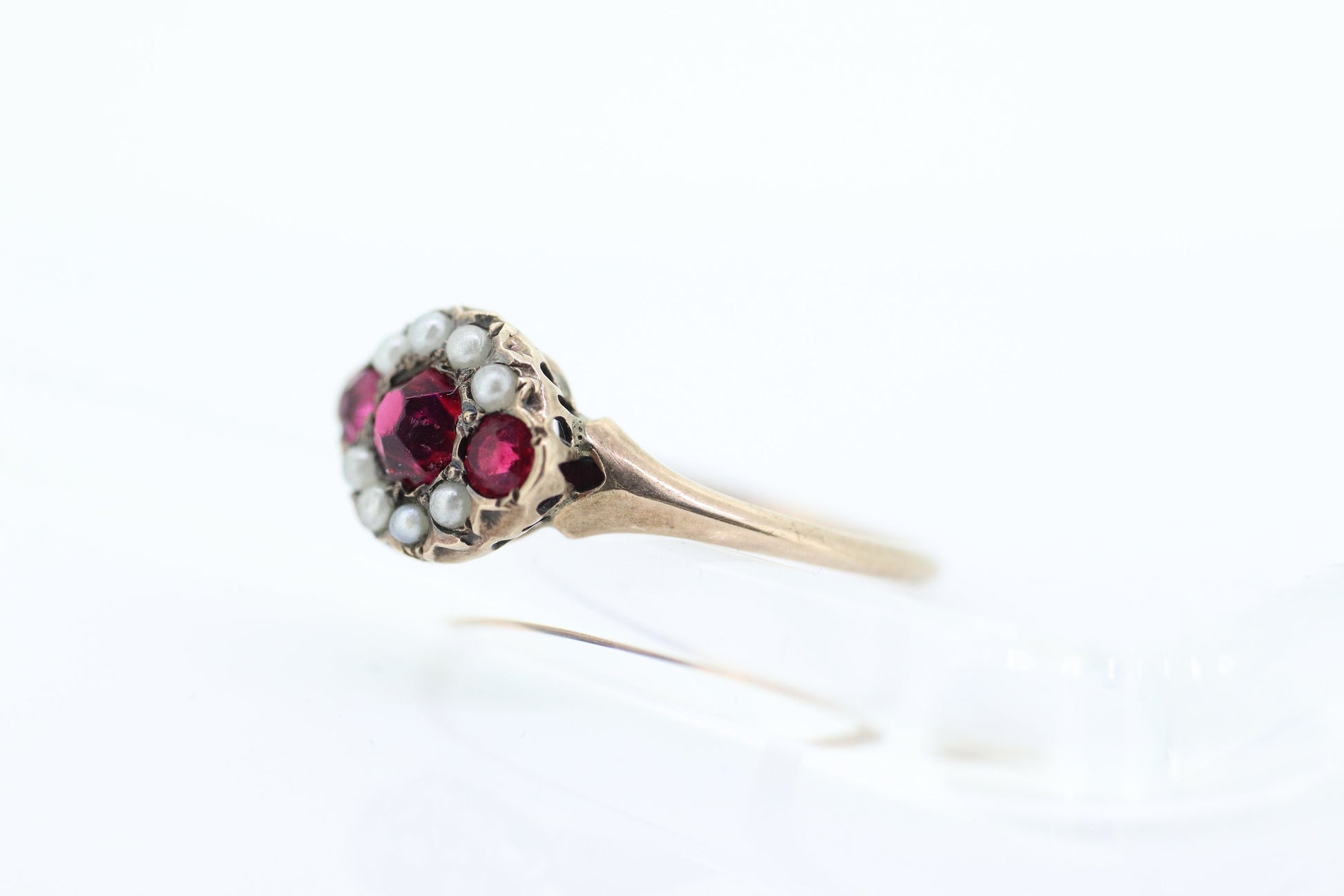 Victorian Garnet and Pearl Seed ring. 10k Rose Gold. 10k Victorian canister cluster ring. st(161)